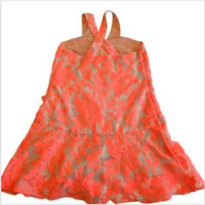 CROSBY by Mollie Burch Dress Cross Back Nude Sheer Lace Neon Pink/Orange Zipper